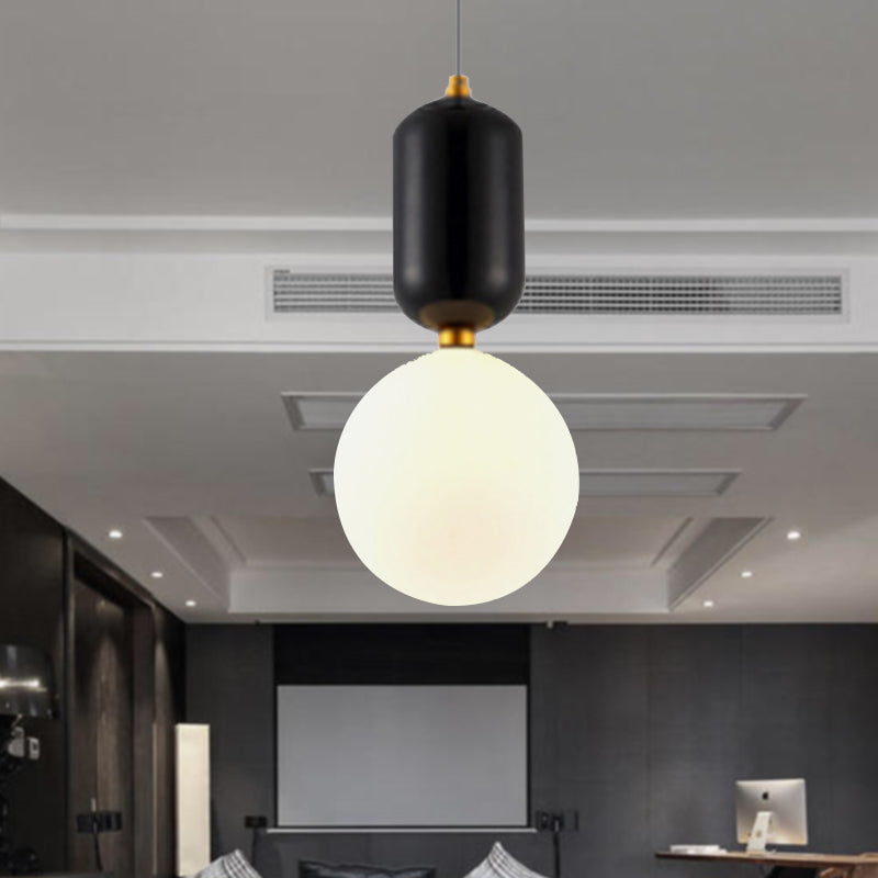 Modern Black/Gold/White Ball Pendant Light with Milky Glass Led - 1 Light, 6"/8"/12" Wide Ceiling Fixture