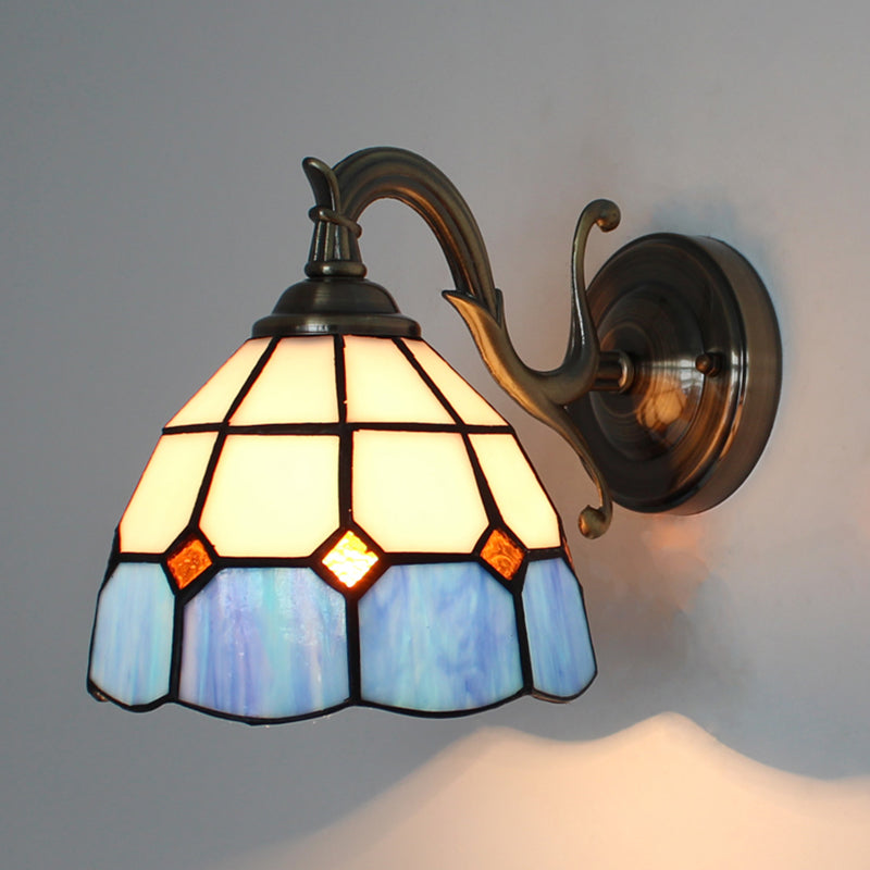 Rustic Tiffany Style Stained Glass Wall Sconce - 1 Light Brown/Blue/Beige/Blue-White For Bedroom