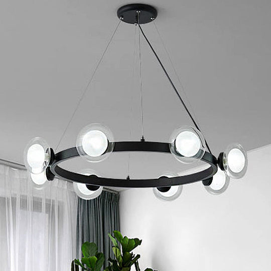 Contemporary Clear Glass Chandelier with Circle Ring Design - 6/8-Light LED Hanging Light in Black