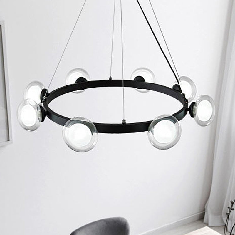 Contemporary Clear Glass Chandelier With Circle Ring Design - Led Lights Black Finish