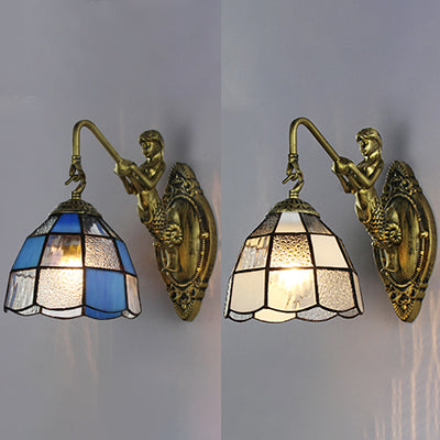Baroque Grid Patterned Sconce Lighting - White/Blue Glass Wall Mounted Light Fixture For Hallway