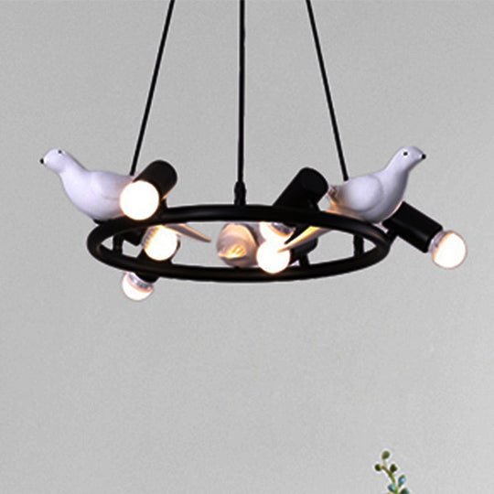 Black Metal Ring Pendant Chandelier with Bird Ornament - Modern 6/8-Light Ceiling Light for Dining Room