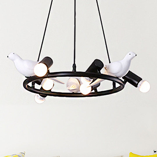 Black Metal Ring Pendant Chandelier with Bird Ornament - Modern 6/8-Light Ceiling Light for Dining Room