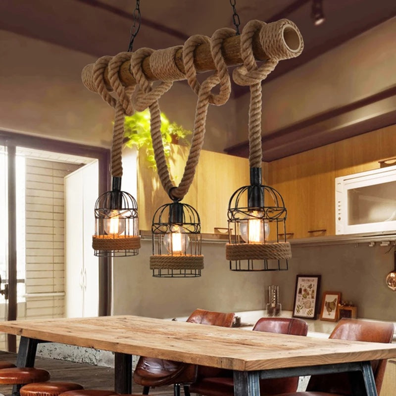 Country Style Bamboo Hanging Lamp - 3 Lights Linear Design Perfect For Restaurants With Hemp Rope