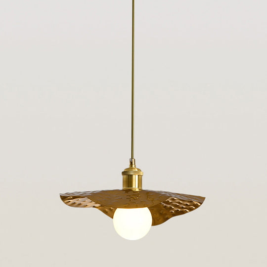 Postmodern 1-Light Brown Hammered Metal Lotus Leaf Pendant Ceiling Lamp