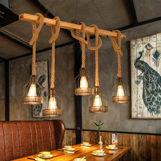 Rustic Wooden Linear Island Lamp With Mesh Cage - Suspension Pendant Light For Restaurants