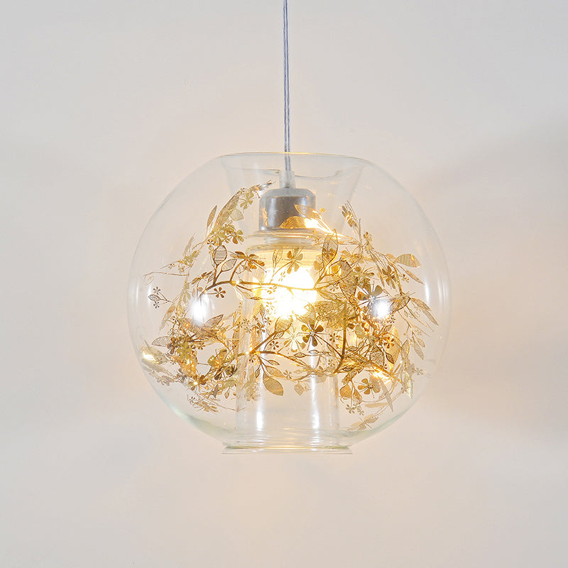 Minimalist Glass Pendant Light With Scattered Flower Deco - Global Design 1 Bulb Ceiling Suspension