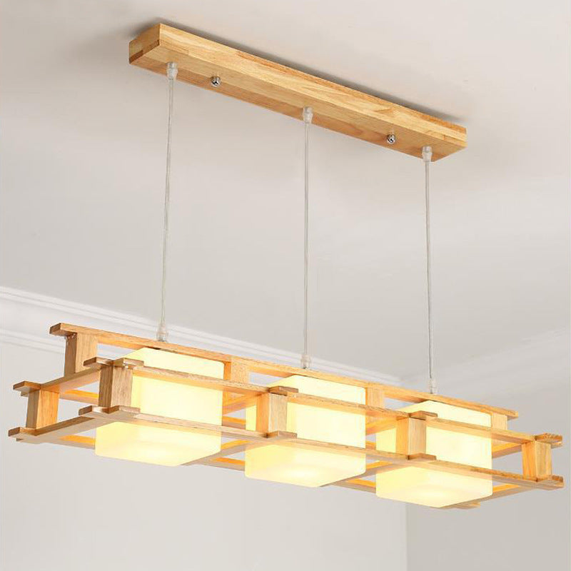 Modern Cream Glass Cube Pendant Light With 3 Wooden Heads Wood