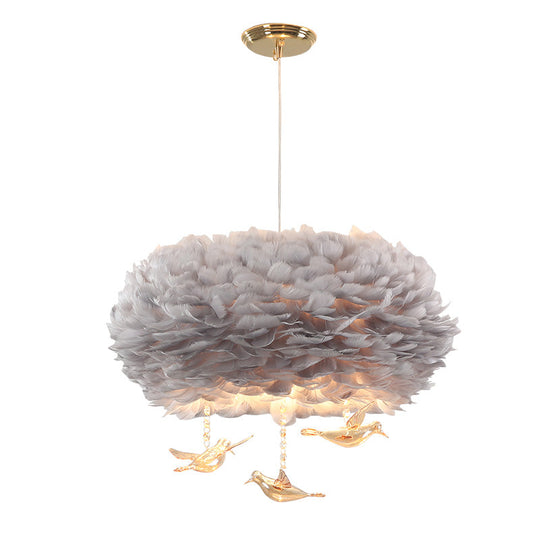 Minimalist Crystal Bird Chandelier Pendant Light Fixture With Feather Nest Design Grey / 15.5