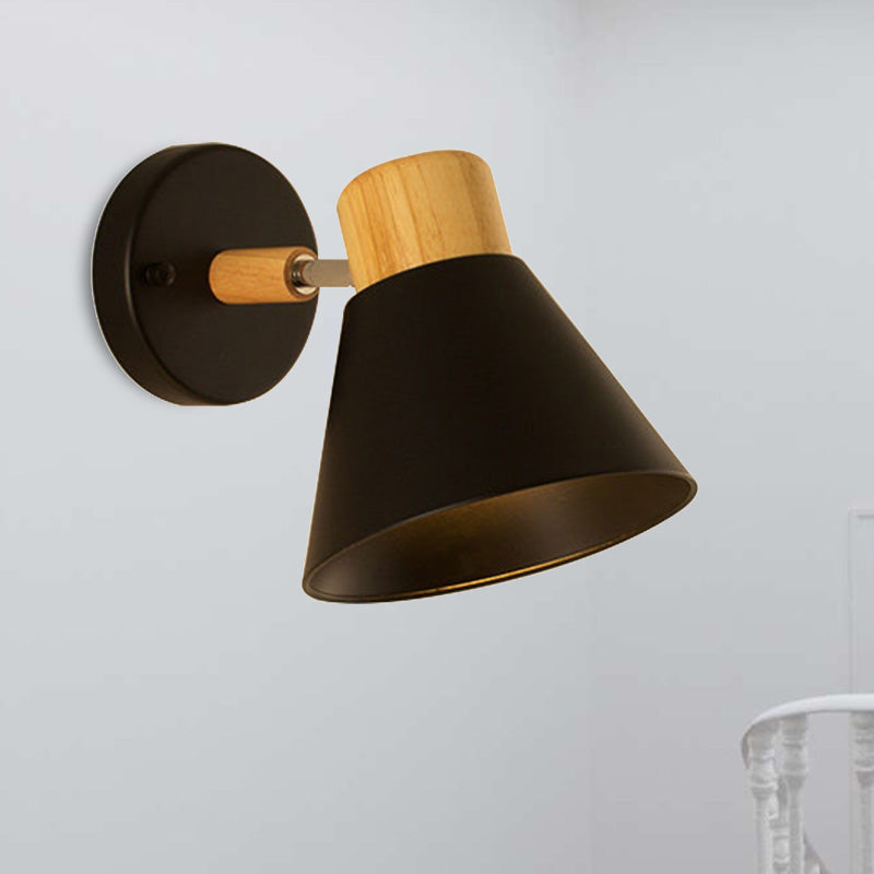 Nordic Stylish Cone Shade Wall Mount Light With Rotatable Bedside Sconce - Metal And Wood 1 Bulb