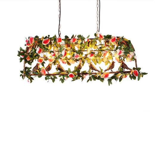 Loft Style Iron Birdcage Pendant Light With Artificial Green-Pink Flower And Plant - 4 Bulbs Island