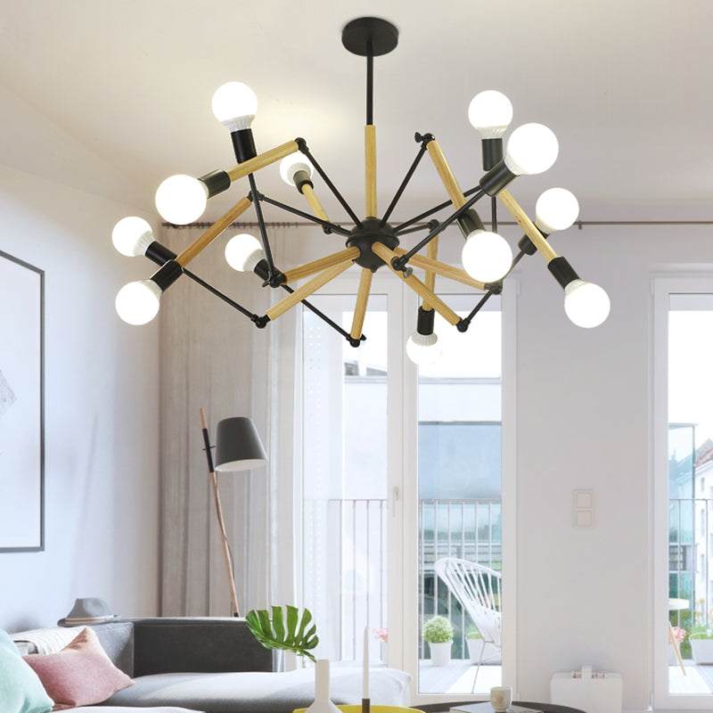 Modern Spider Chandelier with Black and Wood Accents for Loft Style Living Rooms