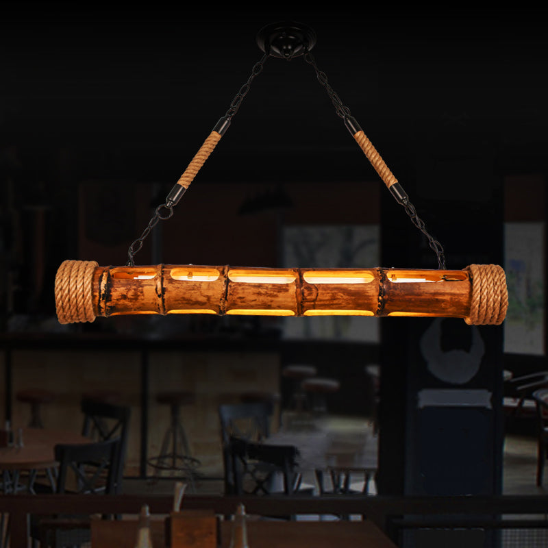 Bamboo Pole Led Suspension Light - Lodge Style Dining Room Island Lamp In Wood