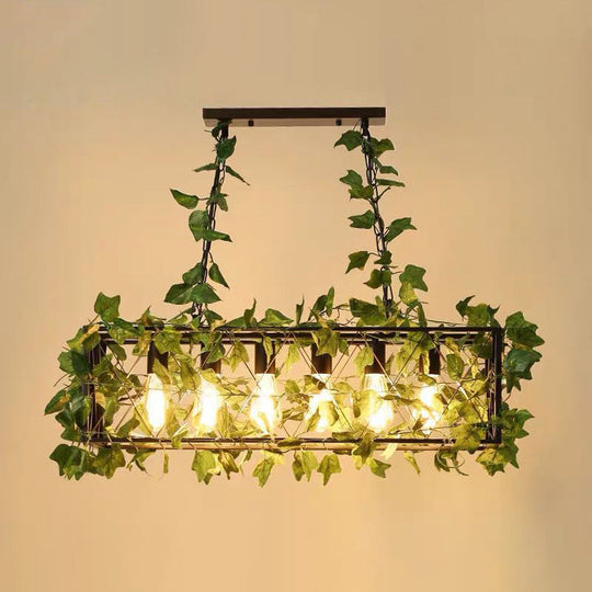 Industrial Cage Island Pendant Light With Plant Decoration - Rustic Restaurant Lighting 6 / Green