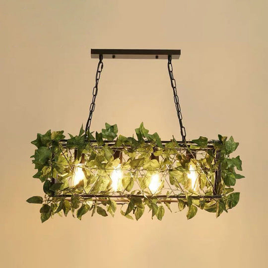 Industrial Cage Island Pendant Light With Plant Decoration - Rustic Restaurant Lighting 4 / Green