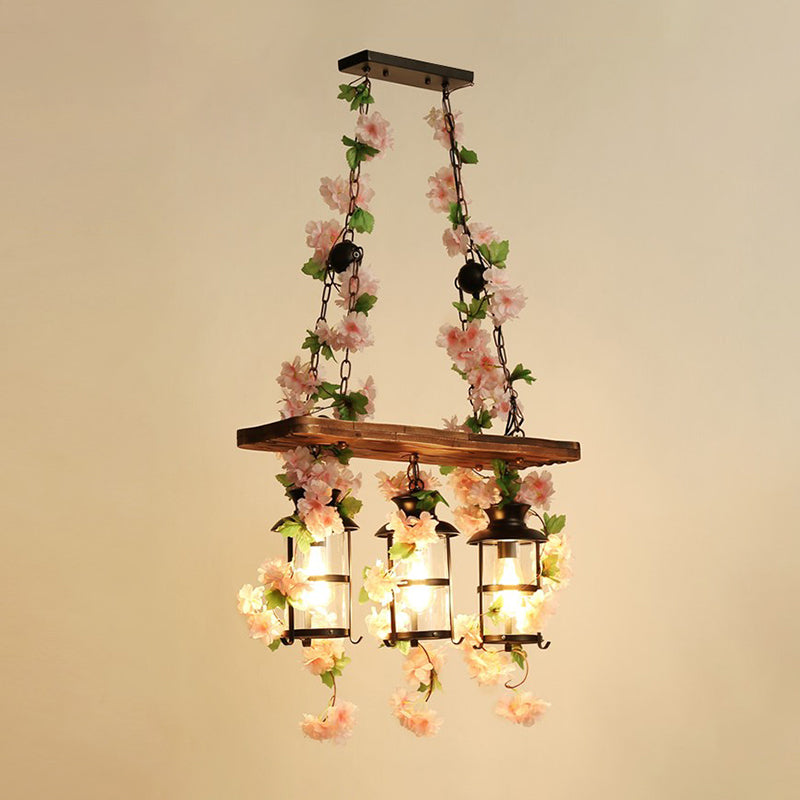 Industrial Cage Island Pendant Light With Plant Decoration - Rustic Restaurant Lighting 3 / Pink
