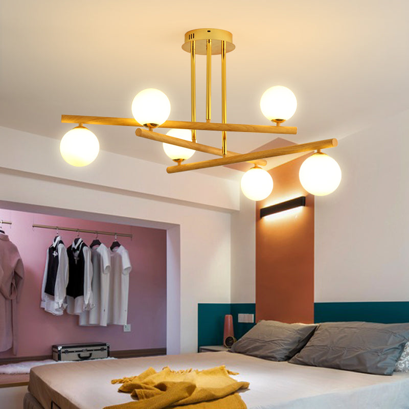 Wooden Spherical Chandelier with Opal Glass Shade for Minimalist Bedroom Lighting