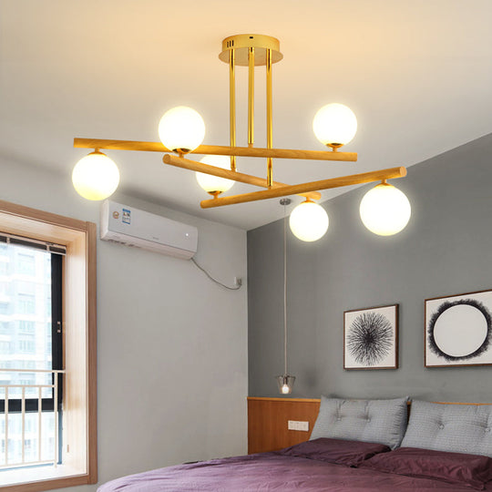 Wooden Spherical Chandelier with Opal Glass Shade for Minimalist Bedroom Lighting