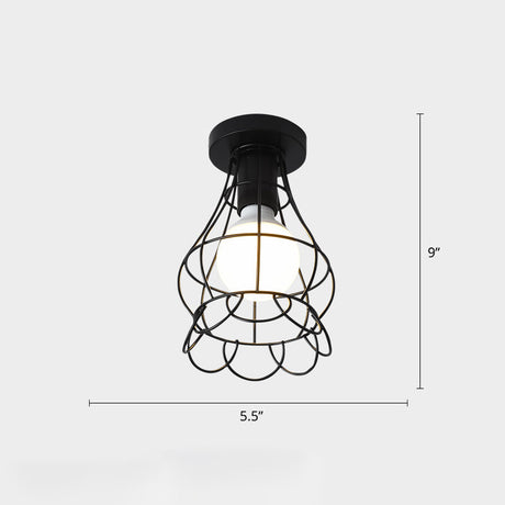 Industrial Metal Flush Ceiling Light Fixture - Cage Style Small Aisle 1 Head Black Flushmount