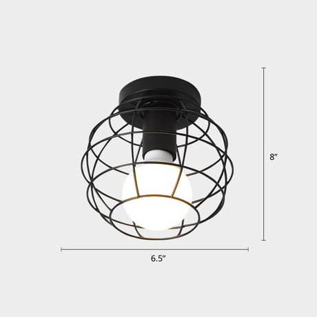 Industrial Metal Flush Ceiling Light Fixture - Cage Style Small Aisle 1 Head Black Flushmount