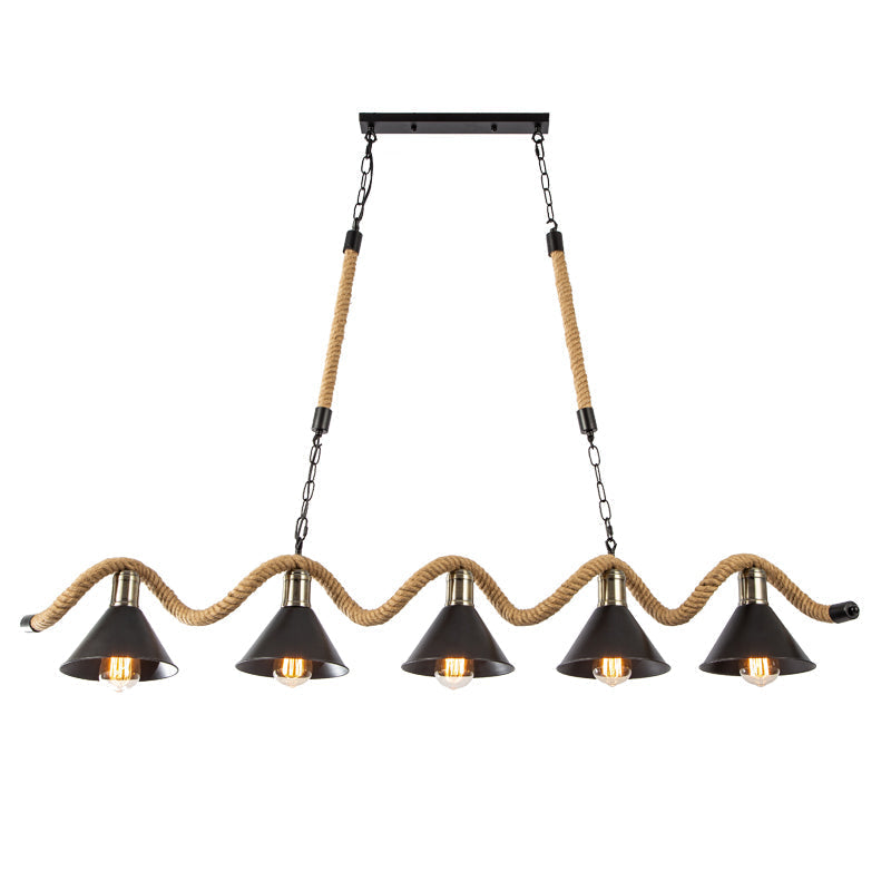 Industrial Metal Bistro Island Lighting - Black Conical Hanging Light With Hemp Rope