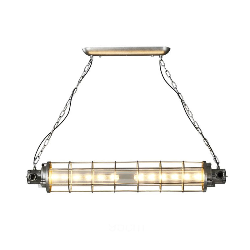 Industrial Silver Metal Pendant Light With Led Clear Glass Shade - Cylindrical Wire Cage Design /