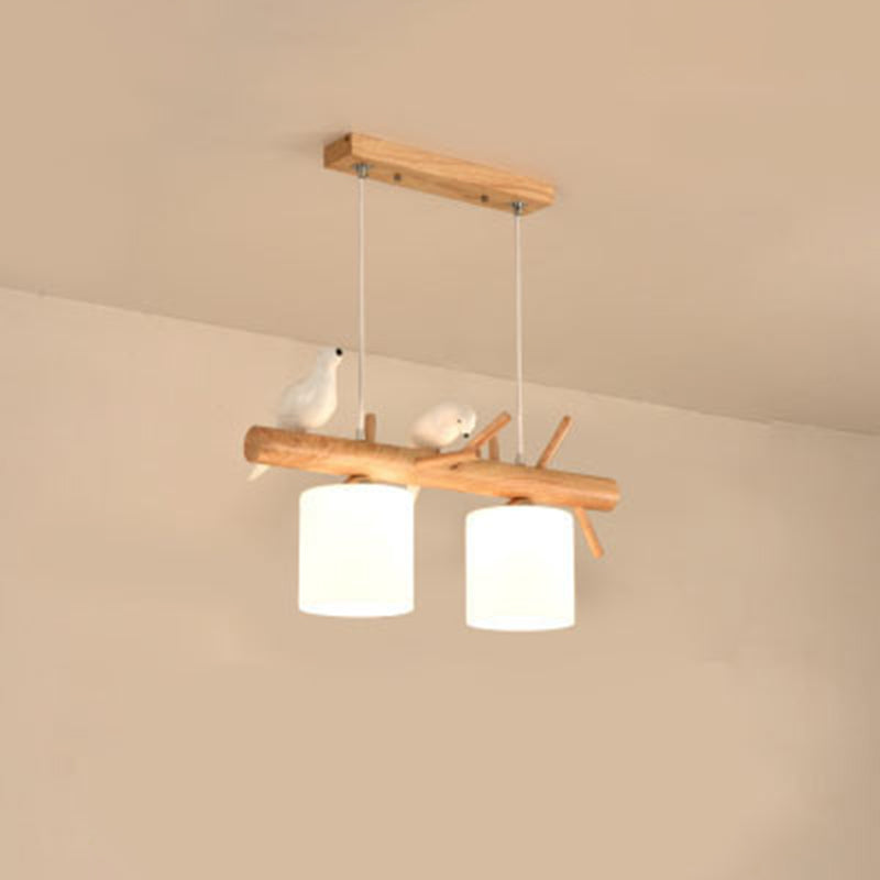 Nordic Wood Pendant Light With Opal Glass Cylinder And Resin Bird Decor 2 /