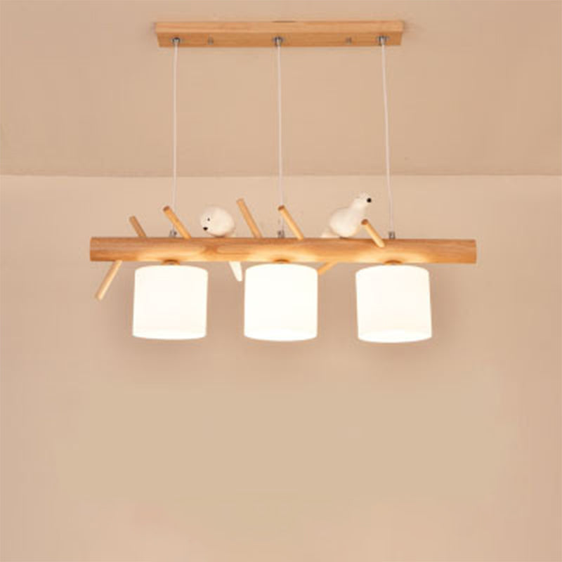 Nordic Wood Pendant Light With Opal Glass Cylinder And Resin Bird Decor 3 /