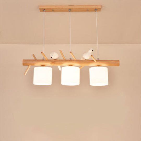 Nordic Wood Pendant Light With Opal Glass Cylinder And Resin Bird Decor 3 /