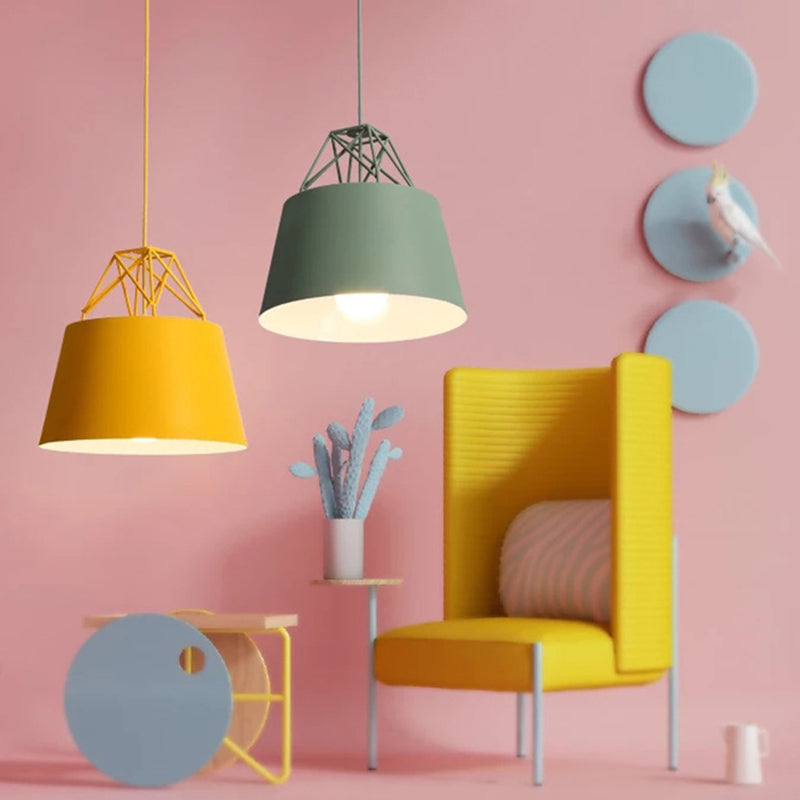 Tapered Macaron Pendant Ceiling Lamp - Metal Single-Bulb Suspension Fixture For Cafes