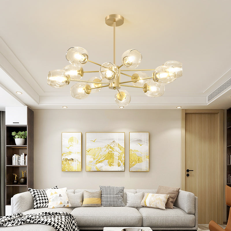 Gold Finish Dimpled Glass Cup Chandelier - Postmodern Hanging Lamp For Living Room