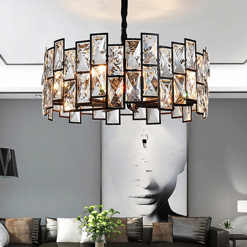 Modern Black Drum Crystal Pendant Light For Living Room - 6-Light Chandelier
