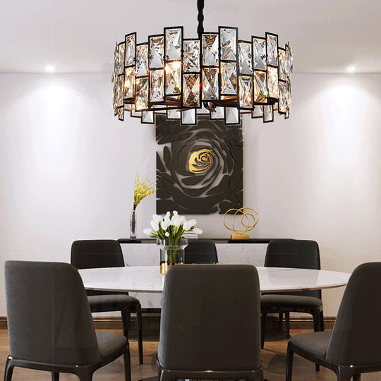 Modern Black Drum Crystal Pendant Light For Living Room - 6-Light Chandelier