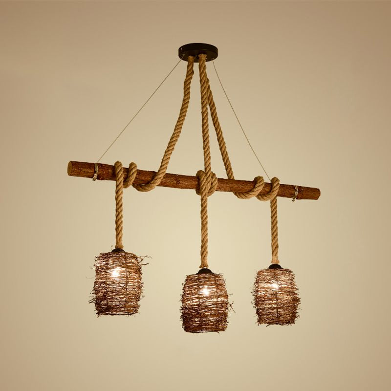 Rustic Rattan Woven Island Pendant 3-Bulb Dining Room Hanging Light Fixture In Wood