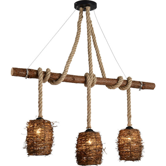 Rustic Rattan Woven Island Pendant 3-Bulb Dining Room Hanging Light Fixture In Wood