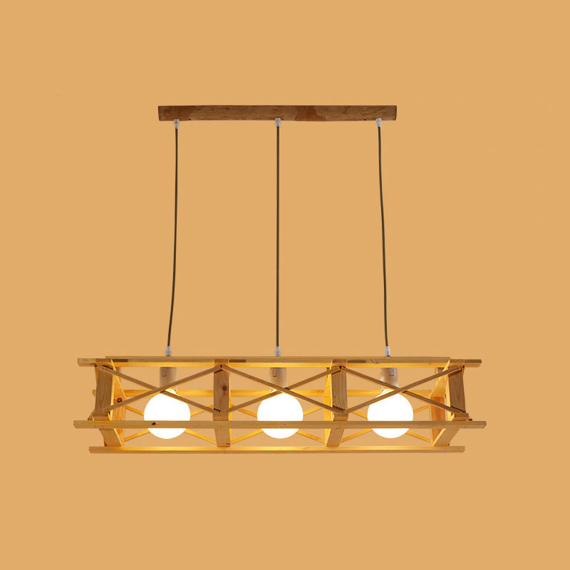 Contemporary Wooden Beige Hanging Light - Rectangular Cage Island Lamp For Restaurants 3 / Wood