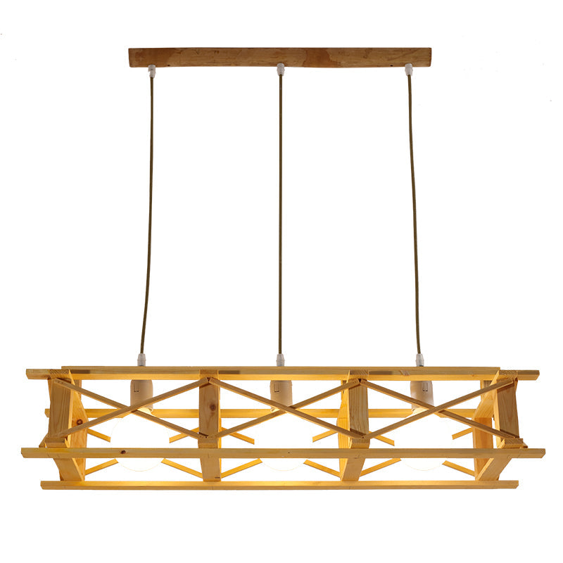 Contemporary Wooden Beige Hanging Light - Rectangular Cage Island Lamp For Restaurants