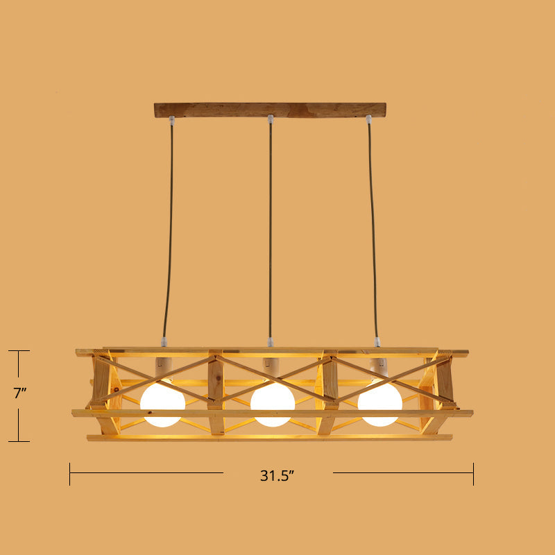 Contemporary Wooden Beige Hanging Light - Rectangular Cage Island Lamp For Restaurants