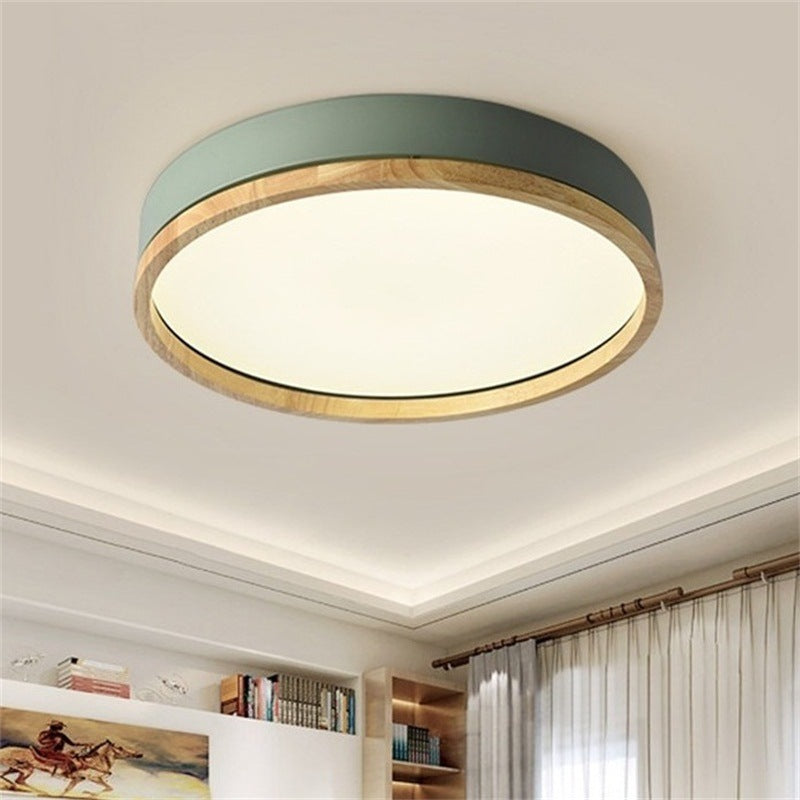 Metal Flush Mount Led Ceiling Lamp With Wooden Rim - Elegant Round Design Green / 12 White