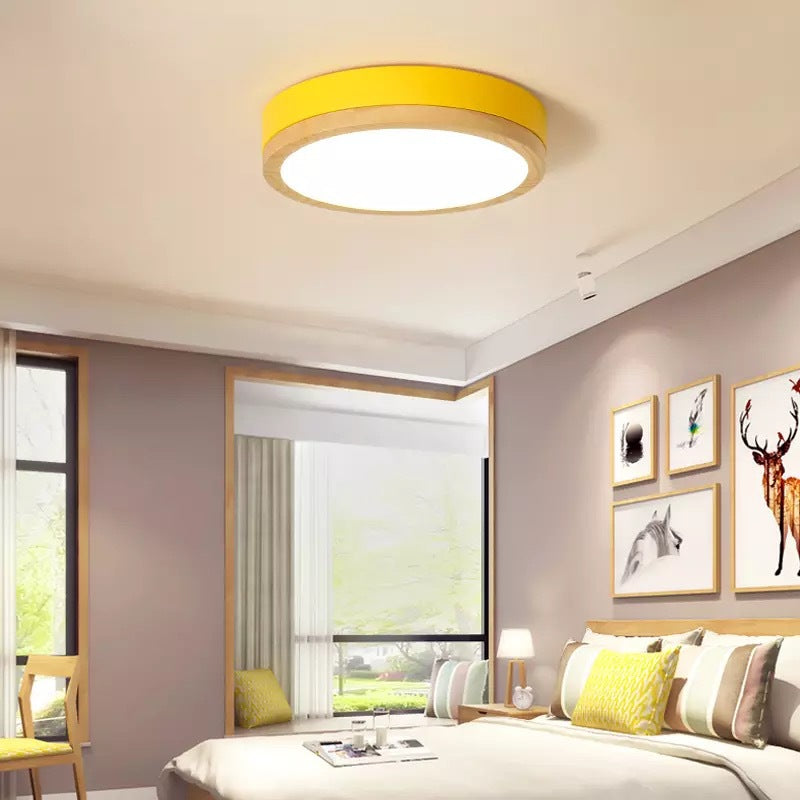 Metal Flush Mount Led Ceiling Lamp With Wooden Rim - Elegant Round Design