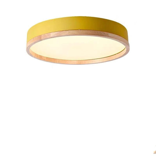 Metal Flush Mount Led Ceiling Lamp With Wooden Rim - Elegant Round Design Yellow / 12 White