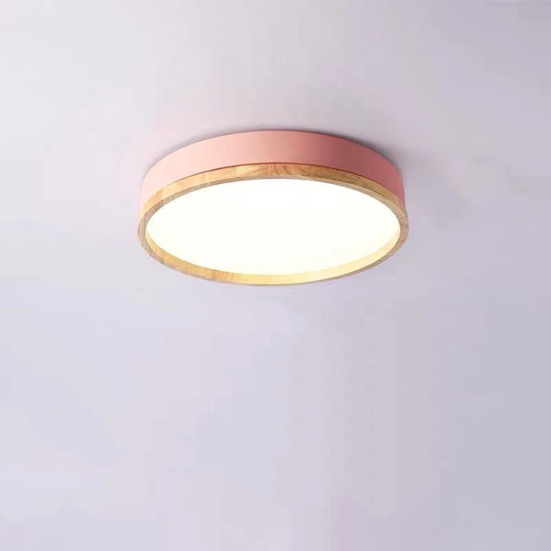 Metal Flush Mount Led Ceiling Lamp With Wooden Rim - Elegant Round Design Pink / 12 Warm
