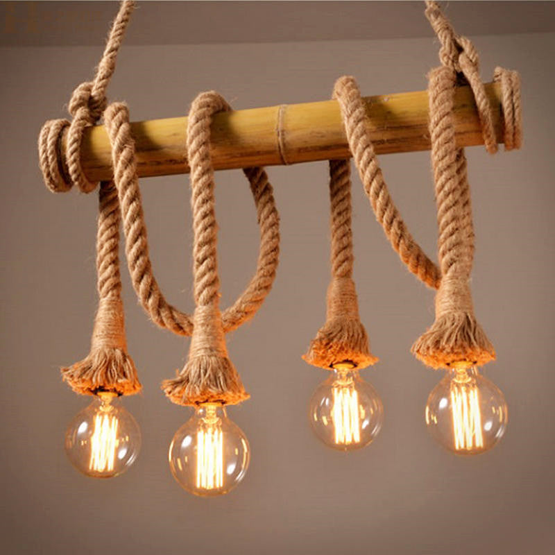 Rustic Bare Bulb Pendant Light With Bamboo Pole And Rope Suspension 4 / Wood