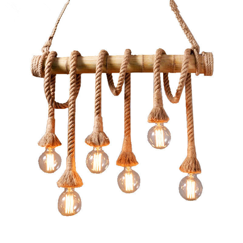 Rustic Bare Bulb Pendant Light With Bamboo Pole And Rope Suspension