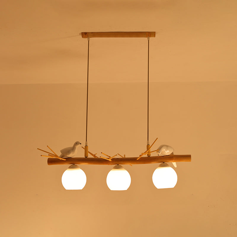 Modern Cream Glass Wood Pendant Light With White Bird Deco - Dome Island Fixture 3 /