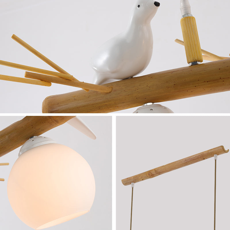 Modern Cream Glass Wood Pendant Light With White Bird Deco - Dome Island Fixture