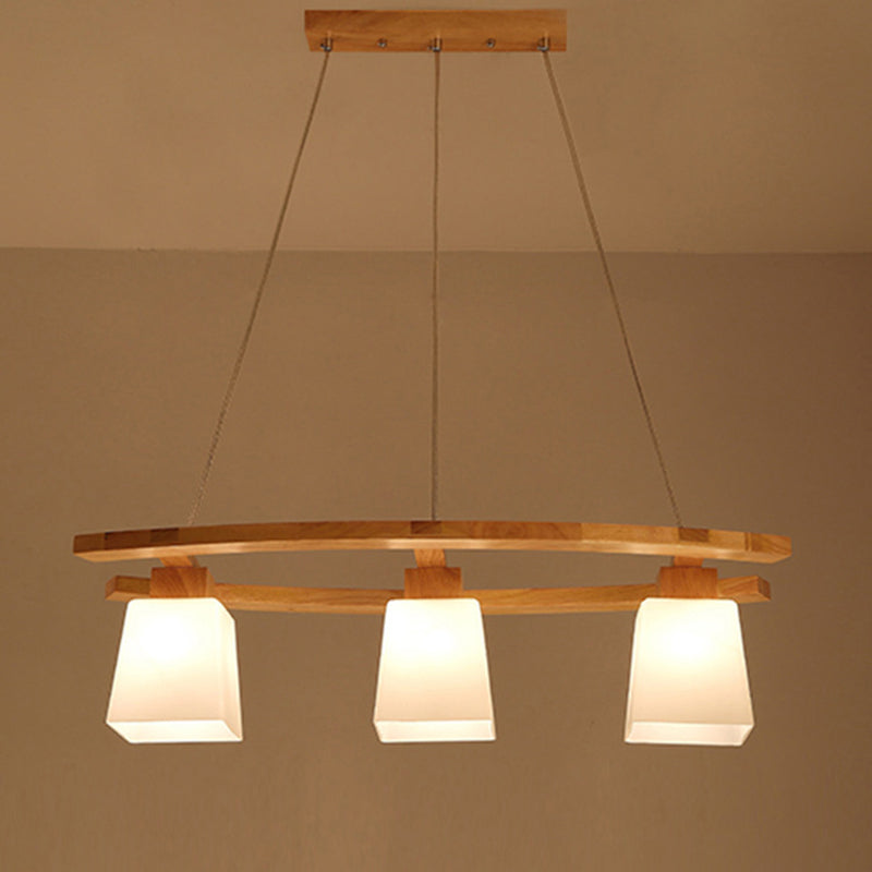 Ivory Glass Trapezoid Island Lamp - 3-Bulb Minimalist Pendant Light In Wood For Dining Room