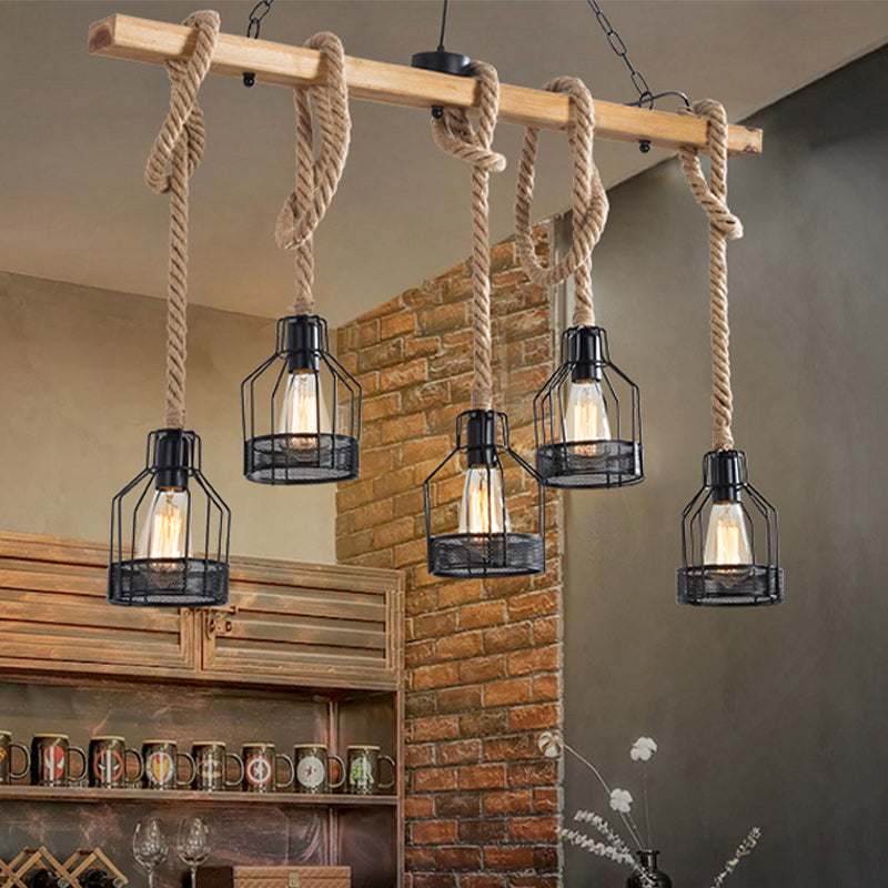 Hang-It-Out Farmhouse Pendant Lamp - Bottle Shaped Cage Design With Wood & Metal For Restaurants