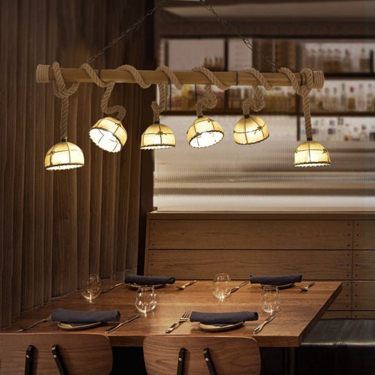 Farmhouse Wood Bowl Shade Pendant Lighting With 6 Fabric Island Lights For Restaurants