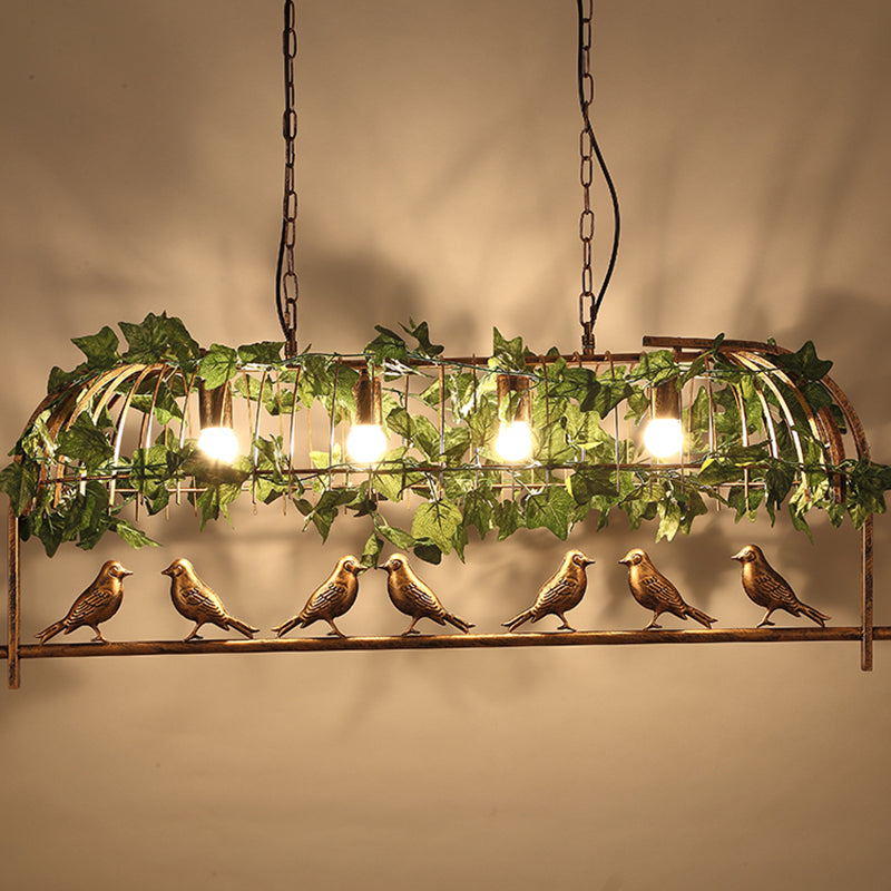 Country Bronze Birdcage Island Light With Bird And Faux Ivy - 4-Bulb Bar Suspension
